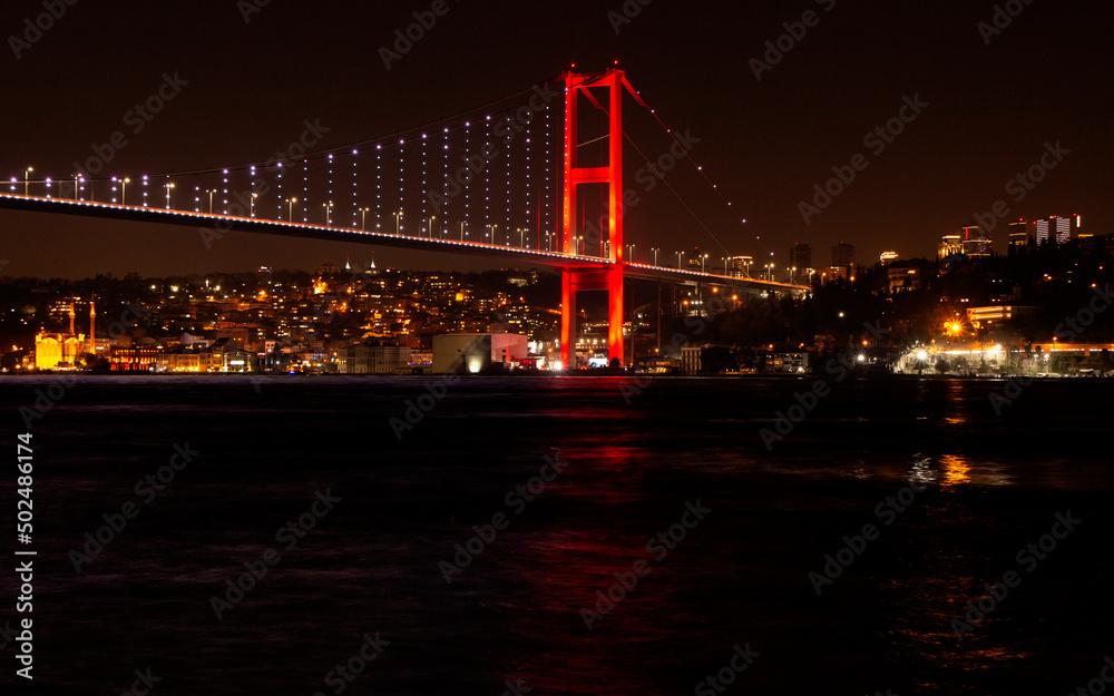 Fototapeta premium bridge, night, city, architecture, water, skyline, new, travel, sky, istanbul, cityscape, urban, lights,landmark, nyc, reflection, building