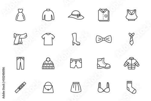 Vector clothes pants dress thirt icon set. Stroke pictogram fashion skirt female and male cloth icon