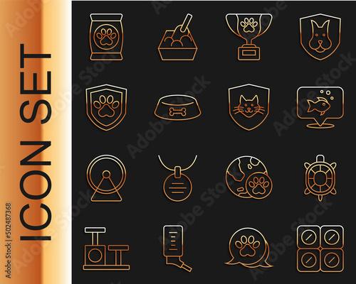 Set line Dog pill, Turtle, Fish, Pet award symbol, food bowl for cat or dog, Animal health insurance, Bag of pet and icon. Vector