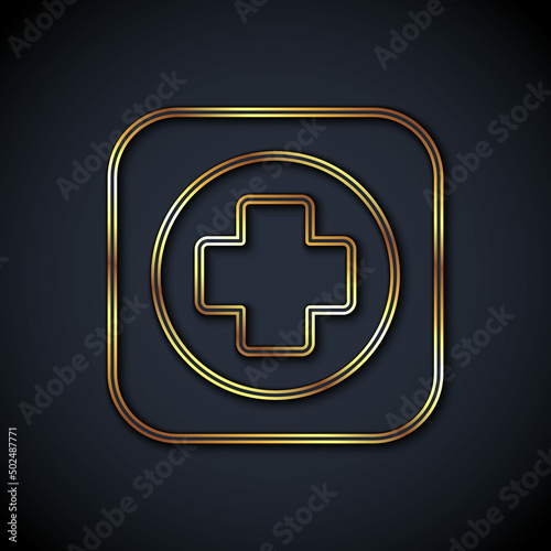 Gold line Hospital signboard icon isolated on black background. Vector