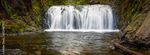 Beautiful mountain rainforest waterfall with fast flowing water and rocks  long exposure.