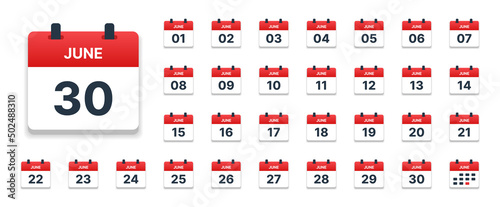 Calendar June from 01 to 30 design template collection. June Calendar vector illustration.