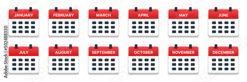 Calendar month icon template collection. January, February, March, April, May, June, July, August, September, October, November and December schedule vector illustration.