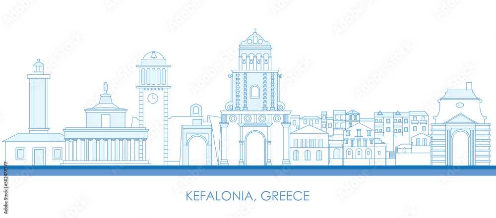 Outline Skyline panorama of  Kefalonia, Cyclades Islands, Greece - vector illustration