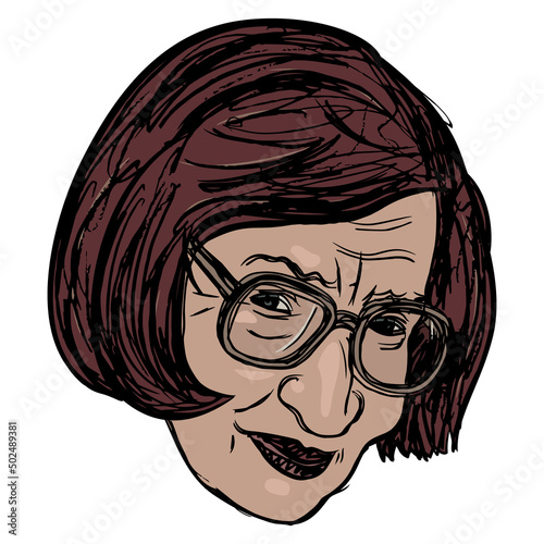 Head of a middle age Caucasian woman with haircut wearing glasses. Hand drawn colorful rough sketch. Female portrait. Isolated vector illustration.