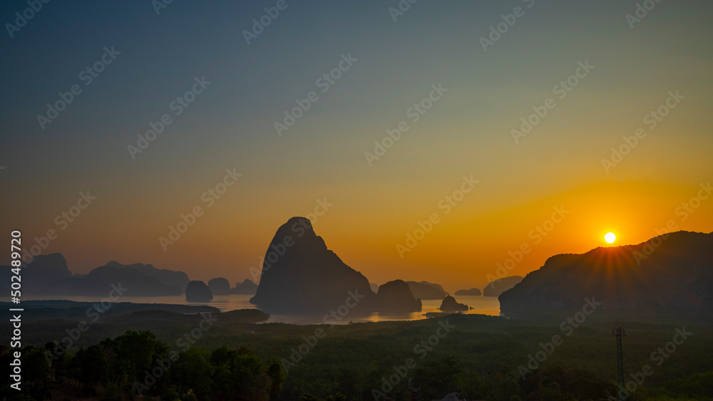 Sunrise over the panorama view at Samed-Nang Shee, Phangna, Thailand.