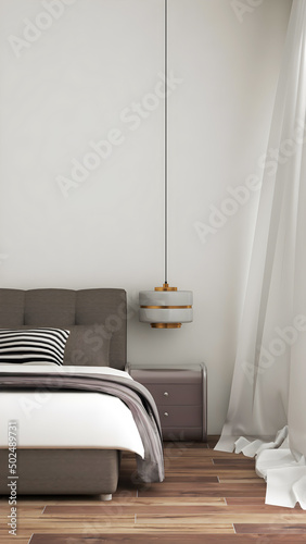 Bedroom interior mockup with gray bed and hanging lamp. 3d rendering. 3d illustration © ArtantiAyu