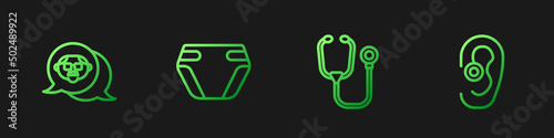Set line Stethoscope, Grandfather, Adult diaper and Hearing aid. Gradient color icons. Vector