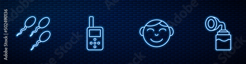 Set line Little boy head, Sperm, Baby monitor walkie talkie and Breast pump. Glowing neon icon on brick wall. Vector