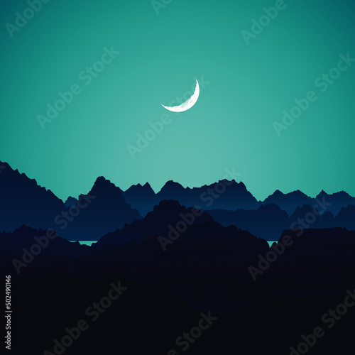 night landscape with moon, Tree and mountains silhouettes, hill station, moon and mountains,