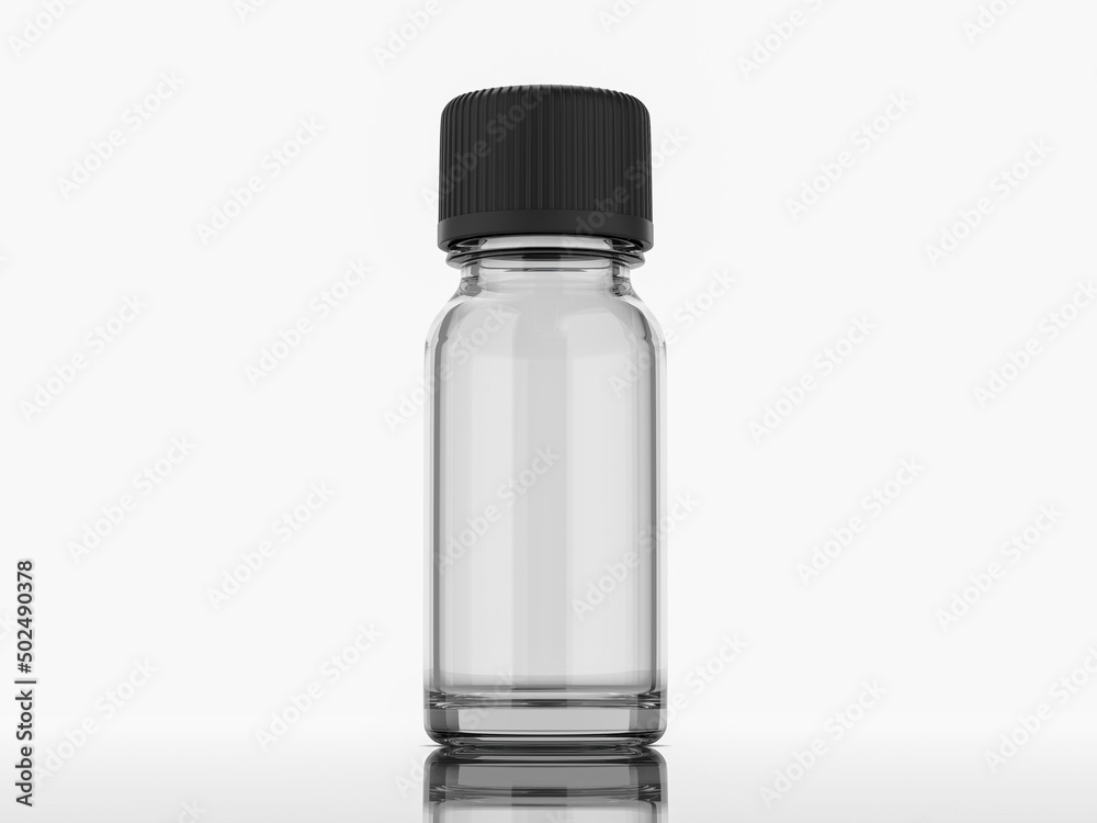 skincare container, clear and blank 10 ml. - 15 ml. glass bottle with closed rough black cover on white background. 3d rendered. skincare container, clear and blank 10 ml. - 15 ml. glass bottle with closed rough black cover on white background. 3d rendered.