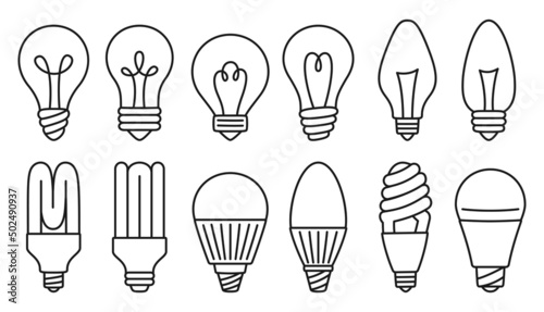 Light bulb doodle icon set. Retro glass lamp  ecology spiral led  economy energy saving lightbulb line sign. Symbol idea and creativity  innovation  modern invention. Saving electricity bulb vector