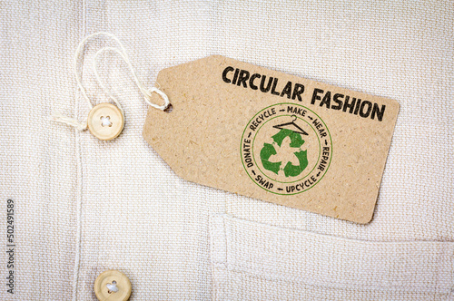 Circular Fashion label on shirt label, , make, wear, repair, upcycle, swap, donate, recycle with eco clothes recycle icon sustainable fashion concept