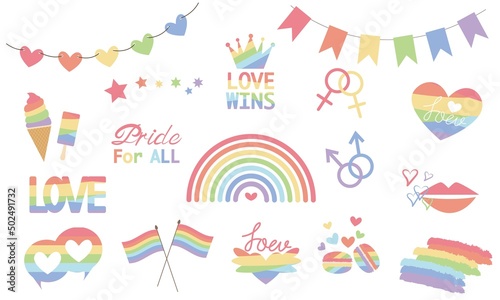 Set of icons for Pride Month design. Rainbow color icons collection for Happy Pride Month festival. Vector illustration.