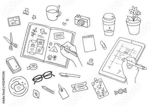 ノートとタブレットにスクラップやメモしているイラスト（モノクロ）