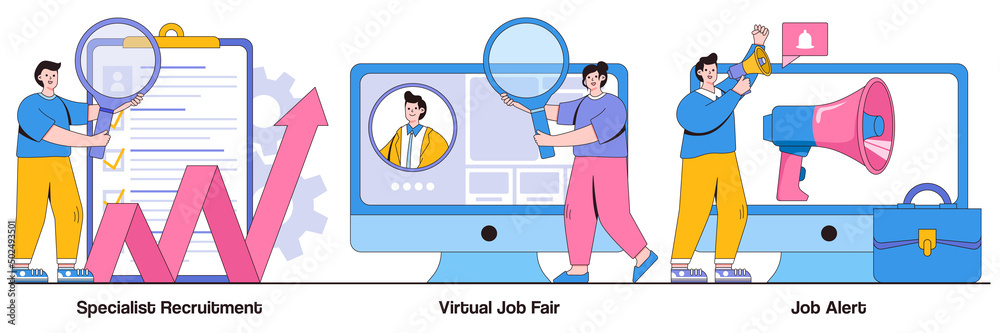 Specialist Recruitment, Virtual Job Fair, Job Alert with People Characters Illustrations Pack