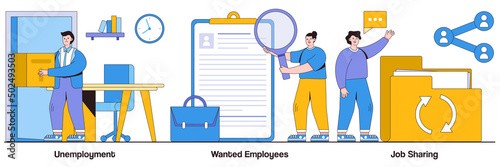 Unemployment, Wanted Employees, Job Sharing Concepts with People Characters Illustrations Pack