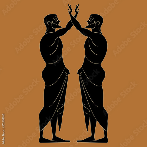 Symmetrical ethnic design with two standing ancient Greek men with crossed raised up arms. Vase painting style. Black silhouette on orange background.
