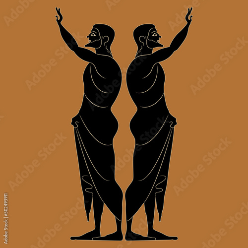Symmetrical ethnic design with two standing ancient Greek men with raised arms. Vase painting style. Black silhouette on orange background.