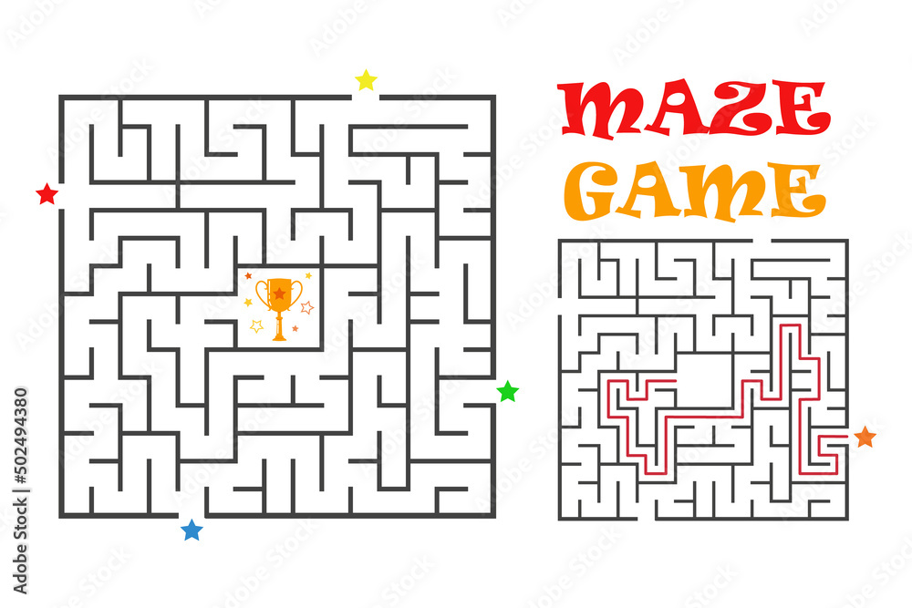 Square maze labyrinth game for kids. Labyrinth logic conundrum with winner cup. Four entrance and two right ways to go. Vector flat illustration