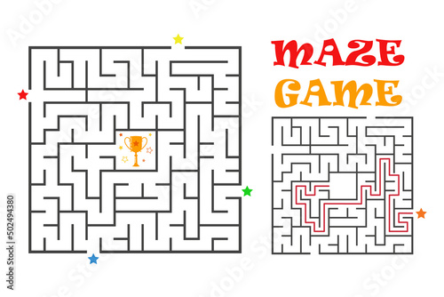 Square maze labyrinth game for kids. Labyrinth logic conundrum with winner cup. Four entrance and two right ways to go. Vector flat illustration
