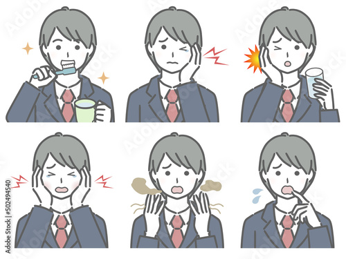 口の中に異常があるスーツの若い男性