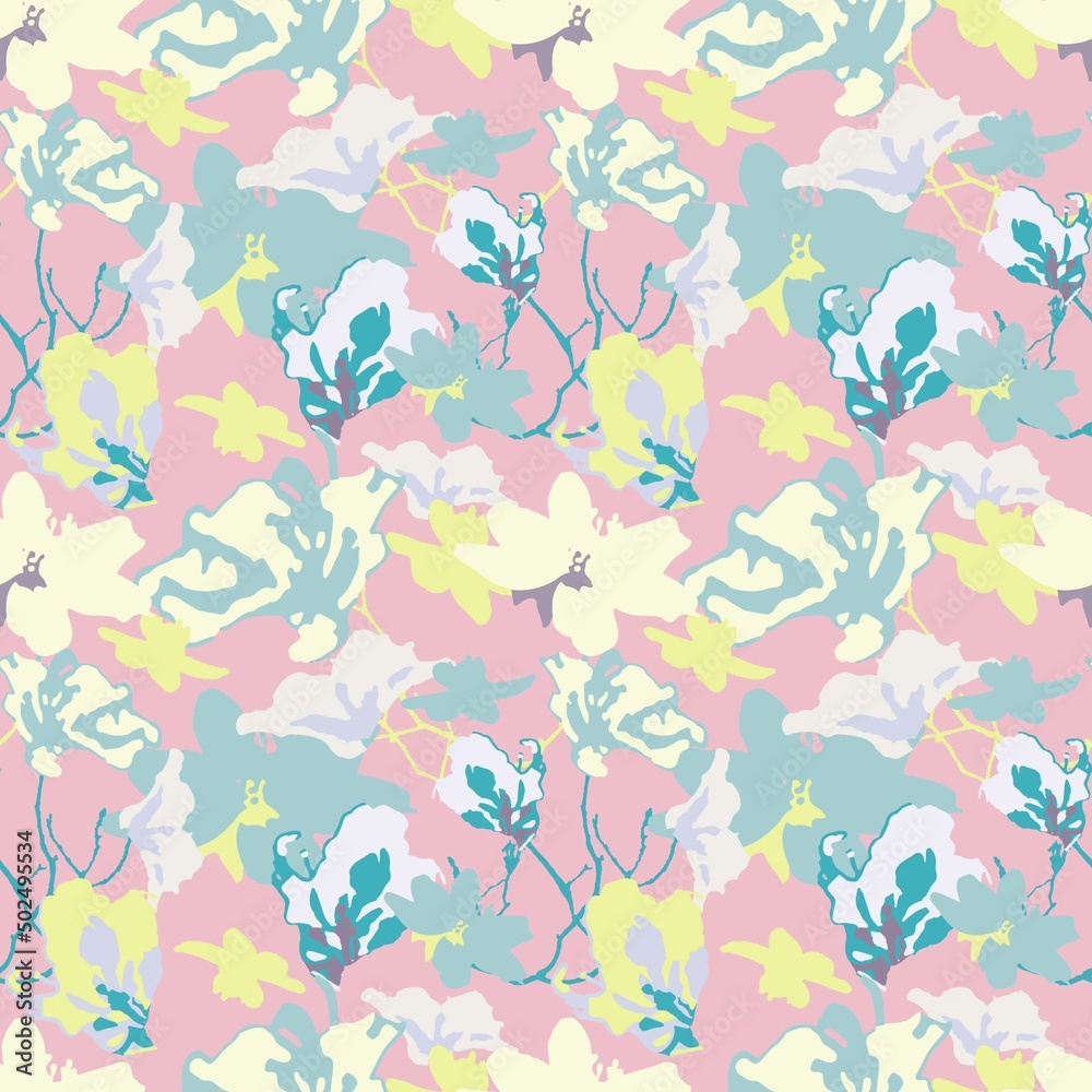 Flower repeat seamless pattern for fabric. Blooming flowers in spring. Scribble trendy background.