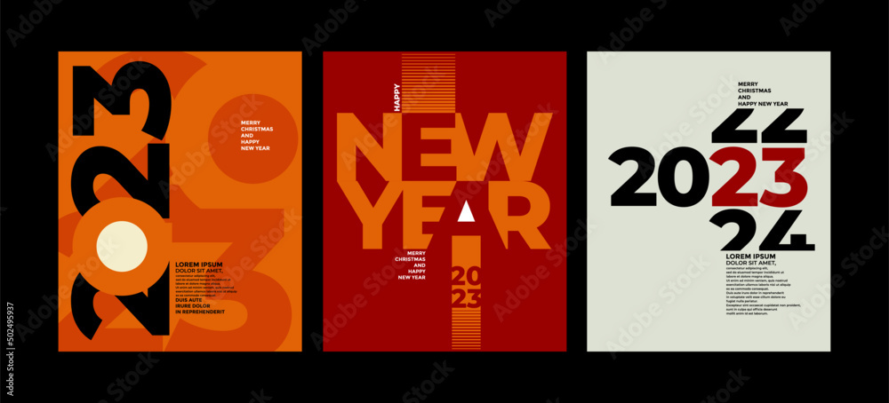 2023 Colorful set of Happy New Year posters. Abstract design with typography style. Vector logo 2023 for celebration and season decoration, backgrounds for branding, banner, cover, card and more. - obrazy, fototapety, plakaty 