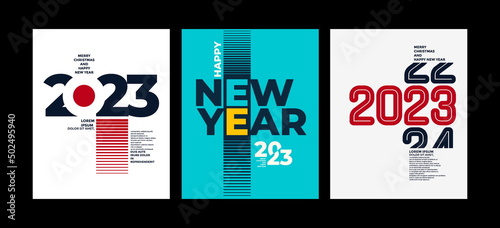 2023 Colorful set of Happy New Year posters. Abstract design with typography style. Vector logo 2023 for celebration and season decoration, backgrounds for branding, banner, cover, card and more.