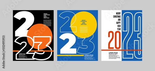 2023 Colorful set of Happy New Year posters. Abstract design with typography style. Vector logo 2023 for celebration and season decoration, backgrounds for branding, banner, cover, card and more.