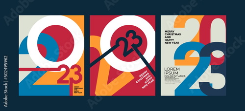2023 Colorful set of Happy New Year posters. Abstract design with typography style. Vector logo 2023 for celebration and season decoration, backgrounds for branding, banner, cover, card and more.