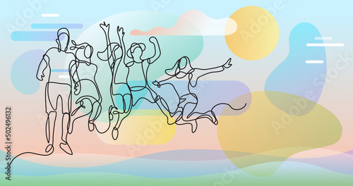 continuous line drawing of happy jumping group of youth