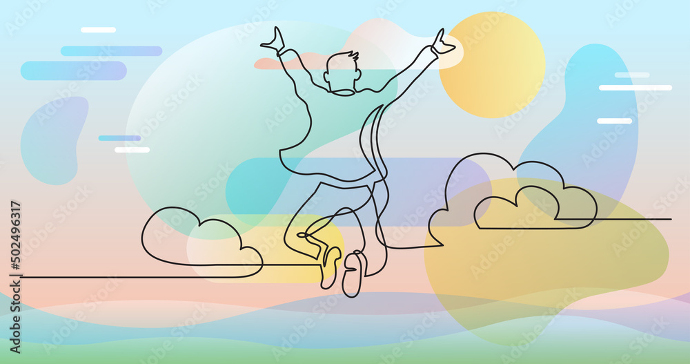one line drawing of happy man jumping higher clouds one line drawing of happy man jumping higher clouds