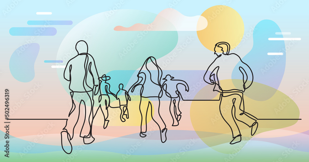 Obraz premium one line drawing of happy people jumping