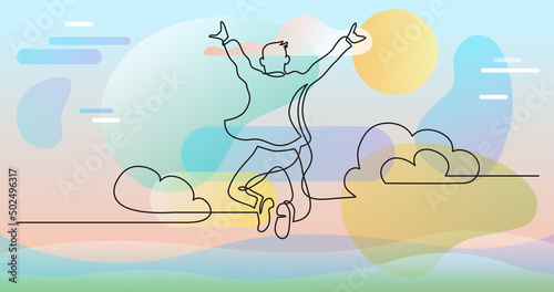 one line drawing of happy man jumping higher clouds