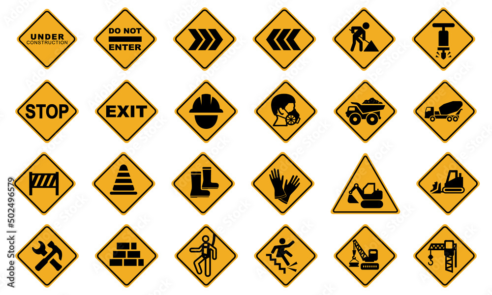 Set of Construction signs (warnings, safety procedures, wear a safety helmets, no entry to unauthorized personnel, safety helmets, boots, safety harness, gloves must be worn at all times, etc Set of Construction signs (warnings, safety procedures, wear a safety helmets, no entry to unauthorized personnel, safety helmets, boots, safety harness, gloves must be worn at all times, etc