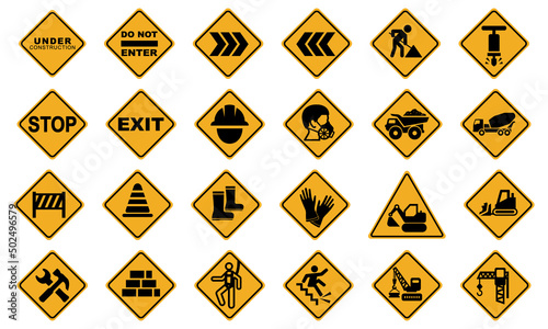 Set of Construction signs (warnings, safety procedures, wear a safety helmets, no entry to unauthorized personnel, safety helmets, boots, safety harness, gloves must be worn at all times, etc