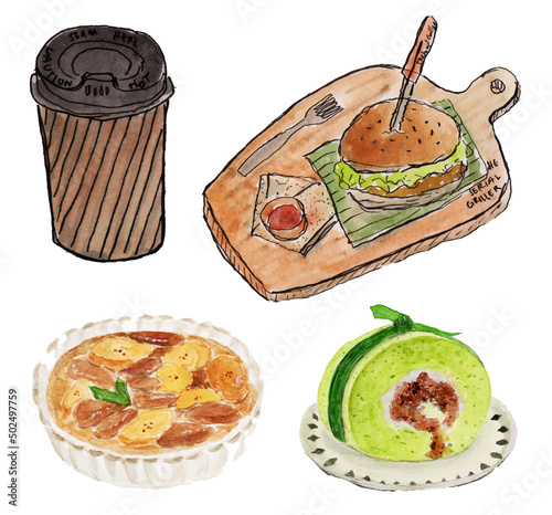 set of food and drink sketch watercolor