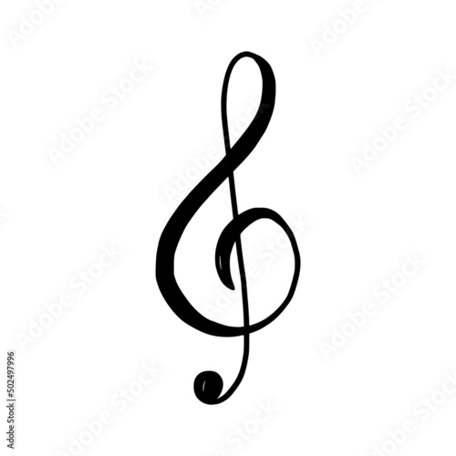 Music note key doodle drawn style. Hand drawn sketch key musical note element. Melody symbol, black shape vector illustration isolated.