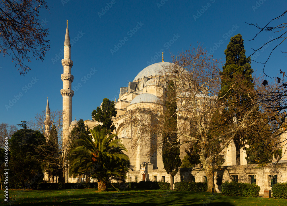 Picturesque view of ancient Suleymaniye Mosque in Fatih district of Istanbul on sunny day, Turkey