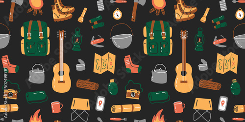 Hand drawn camping seamless pattern. Travel equipment. Vector illustration.