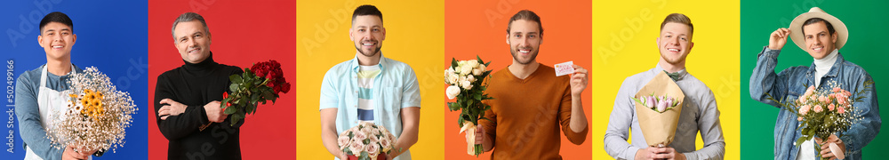 Group of happy men with beautiful bouquets of flowers on colorful background Group of happy men with beautiful bouquets of flowers on colorful background