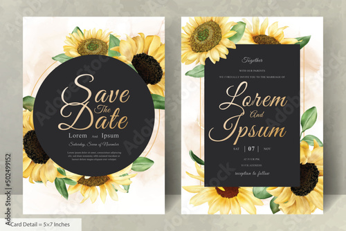 Wedding Invitation Card Set with Watercolor Sunflowers