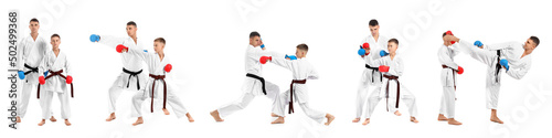 Set of boy with karate instructor on white background