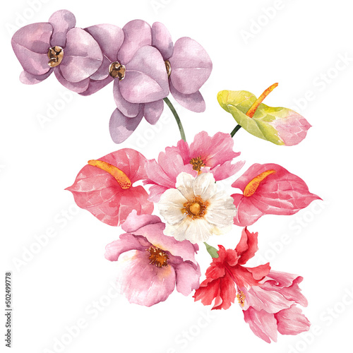 Watercolor tropical bouquet with exotic flowers and palm leaves, isolated on white background
