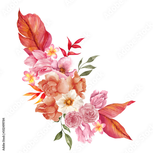 Watercolor tropical bouquet with exotic flowers and palm leaves, isolated on white background