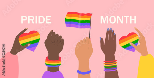 vector illustration in a flat style on the theme of the lgbt community, pride month. Hands of people of different races holding rainbow hearts and flags