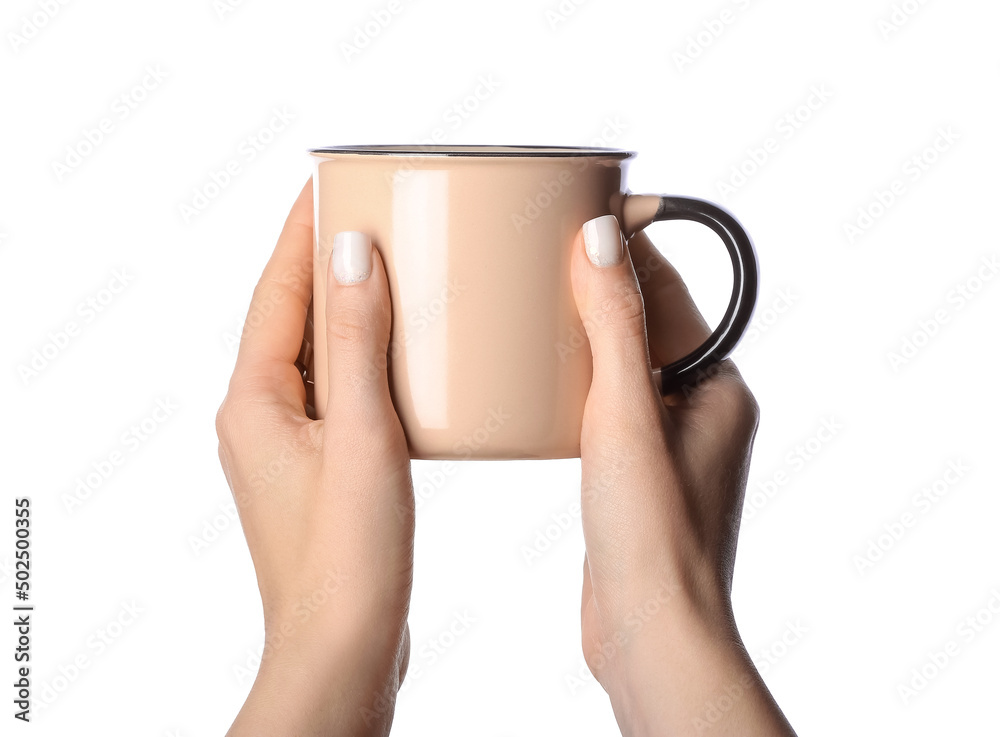 Obraz premium Female hands with ceramic cup isolated on white background, closeup
