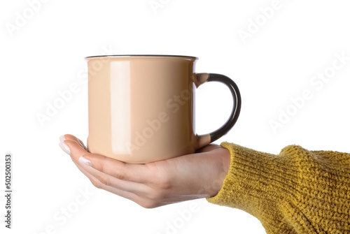 Female hand with ceramic cup isolated on white background, closeup