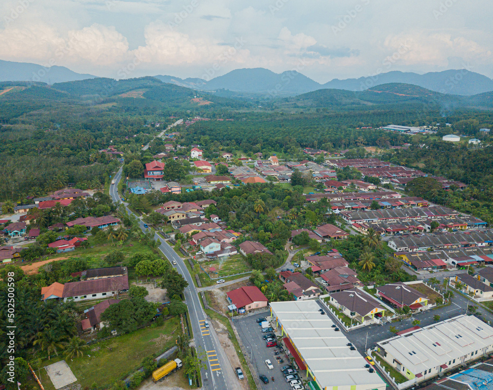 Aerial drone view of townscape and residential area in Selandar, Jasin, Melaka, Malaysia.